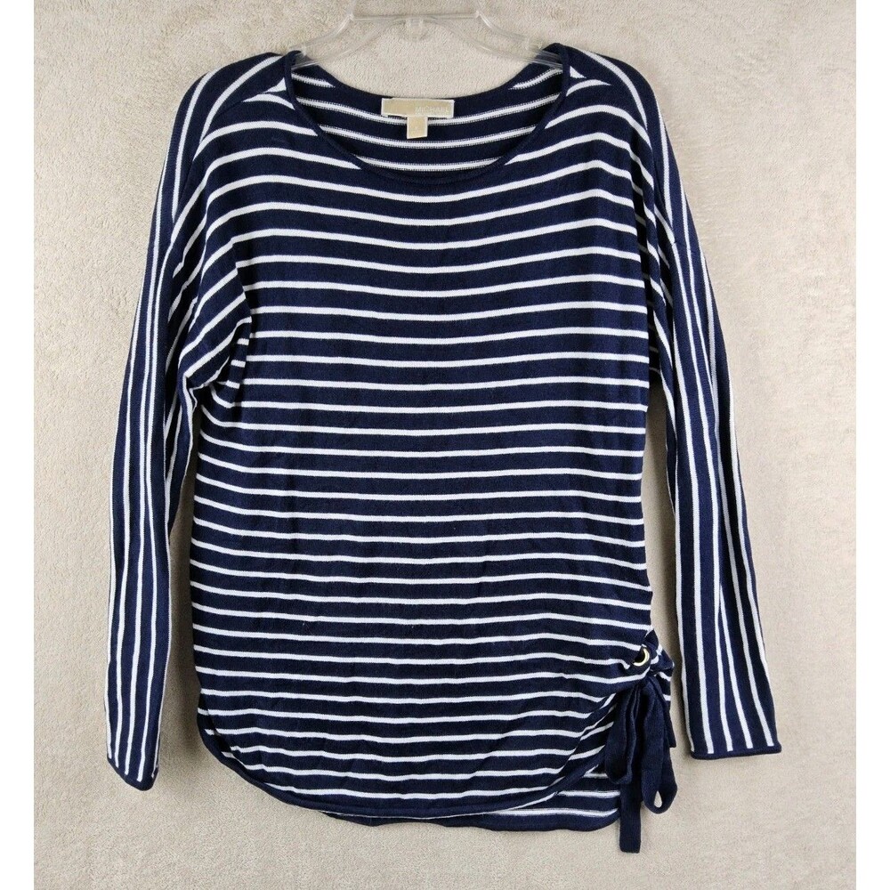 Michael Kors MK Women’s Striped Side Waist Tie Navy White Sweater Size S